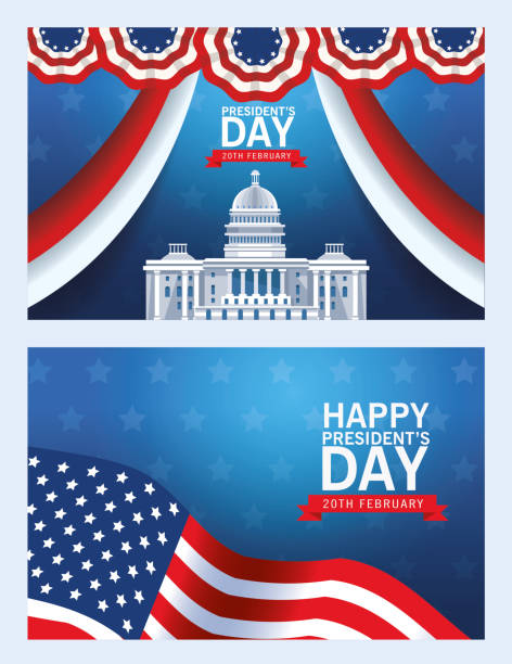 ilustrações, clipart, desenhos animados e ícones de poster feliz do dia dos presidentes com edifício e bandeira do capitólio dos eua - vertical usa greeting washington dc