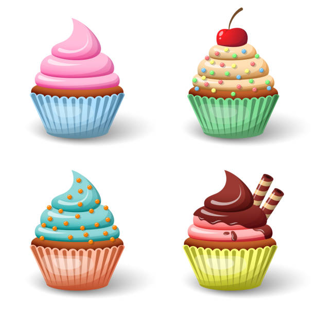 cupcake Sweet food chocolate creamy cupcake set isolated vector illustration cupcake stock illustrations