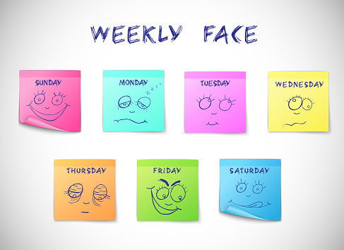 Weekly calendar colored peeling stickers with faces characters isolated vector illustration