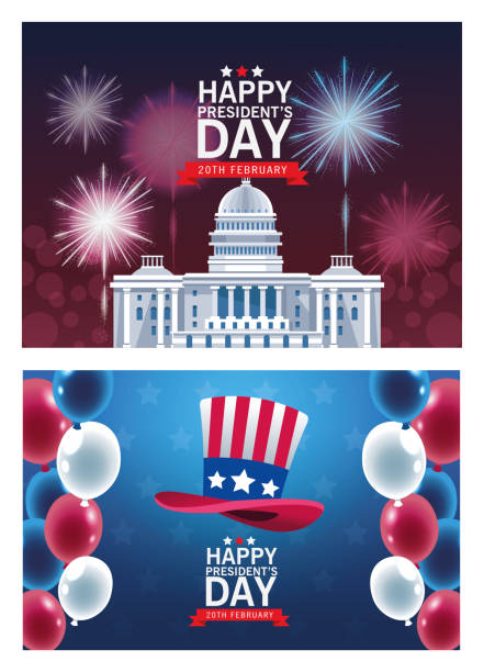 ilustrações, clipart, desenhos animados e ícones de poster feliz do dia dos presidentes com cenas do jogo - vertical usa greeting washington dc
