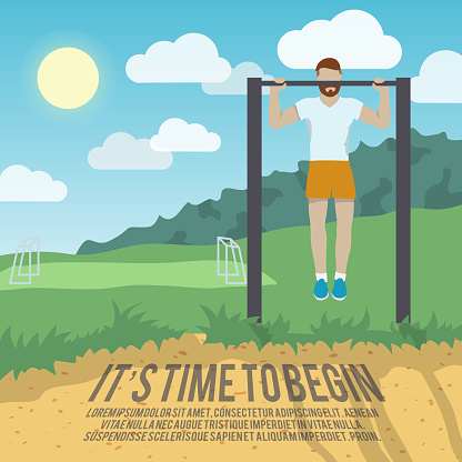 Man do workout on pull-up bar outdoor fitness lifestyle time to begin poster vector illustration