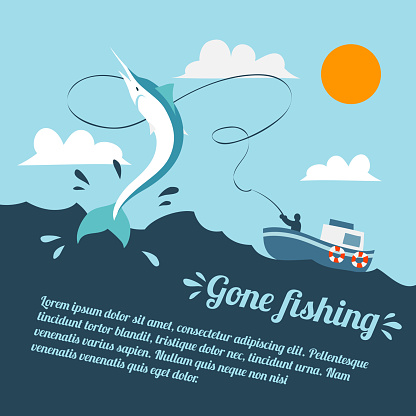Fishing poster with boat and fishermen catching swordfish vector illustration