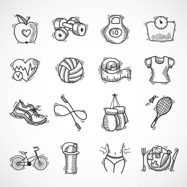 피트니스 스케치 아이콘 세트 - weights boxing glove stopwatch symbol stock illustrations