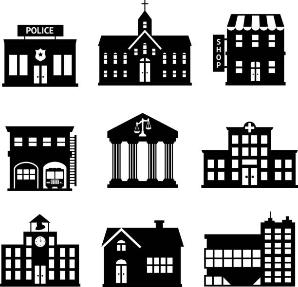 도시 건물은 흑백으로 설정 - prison architecture black white stock illustrations