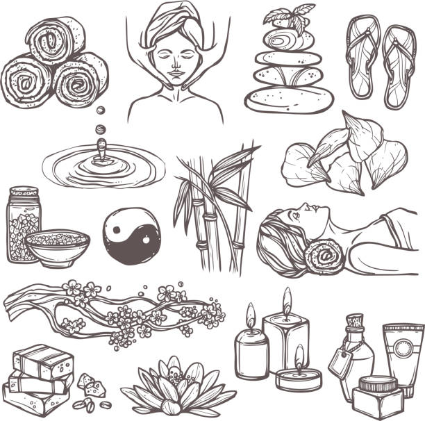 illustrations, cliparts, dessins animés et icônes de icônes de croquis de spa - spa nature bamboo beauty