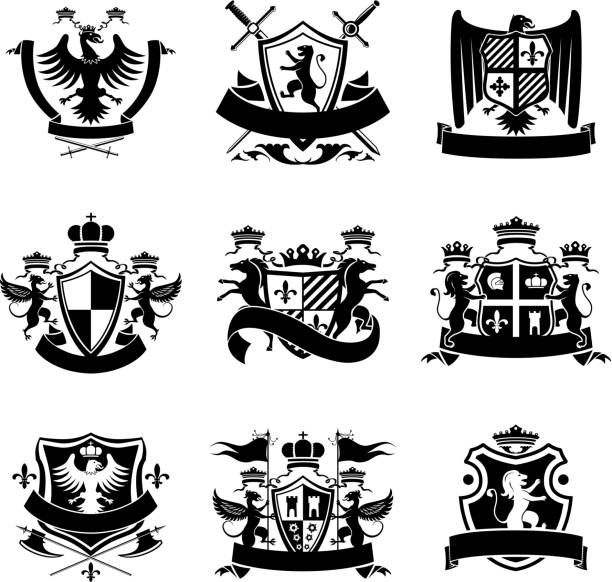 헤럴드 라벨 - heraldic griffin sword crown stock illustrations