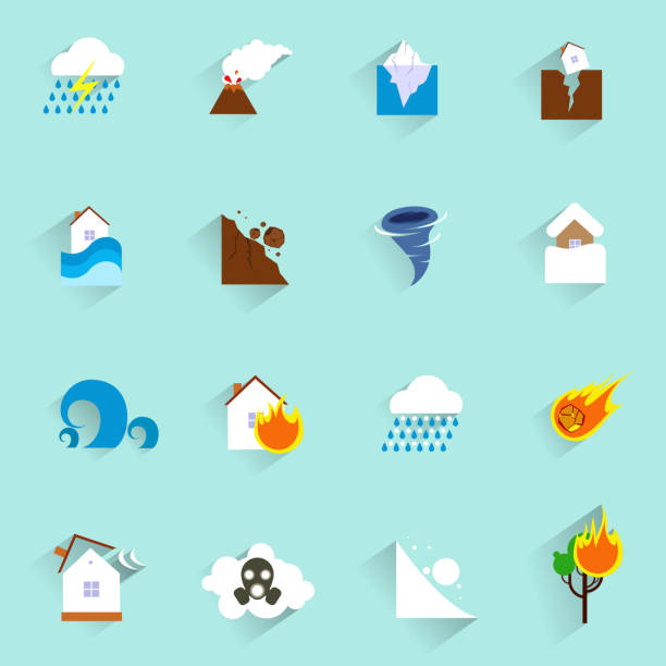 illustrazioni stock, clip art, cartoni animati e icone di tendenza di icone disastro naturale piatto - natural disaster weather symbol volcano