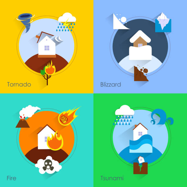 illustrazioni stock, clip art, cartoni animati e icone di tendenza di disastro naturale piatto - natural disaster weather symbol volcano