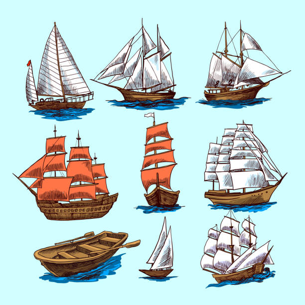 ships and boats set color Sailing tall ships yachts and boat colored sketch decorative elements isolated vector illustration armada stock illustrations