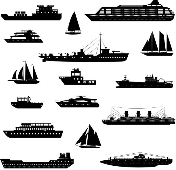 schiffe und boote schwarz und weiß gesetzt - container ship tugboat nautical vessel pulling stock-grafiken, -clipart, -cartoons und -symbole