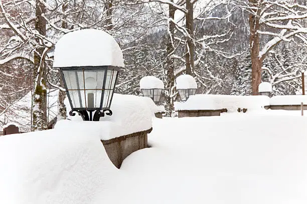 streetlights with fresh snowfall in winter. horizontal shot