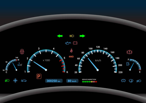 car dashboard Car dashboard modern automobile control illuminated panel speed display vector illustration dashboard close up speedometer odometer stock illustrations