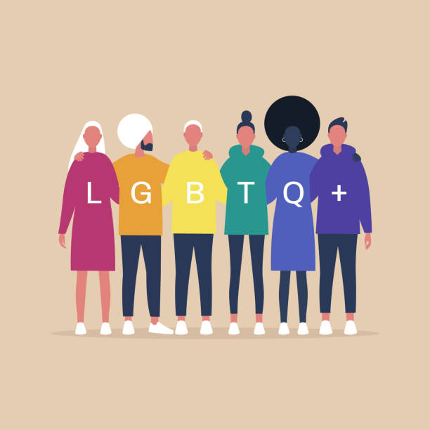 ilustraciones, imágenes clip art, dibujos animados e iconos de stock de signo lgbtq+, relaciones homosexuales, una comunidad diversa de gays modernos, lesbianas, bisexuales, transgénero, personas queer abrazándose - multi ethnic group couple sex women