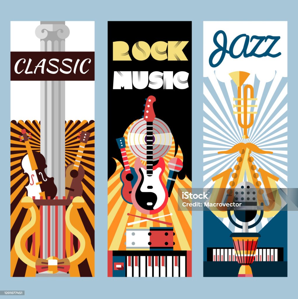 music flat banners Music flat vertical banners set with jazz classic rock instruments isolated vector illustration Acoustic Music stock vector music flat banners Music flat vertical banners set with jazz classic rock instruments isolated vector illustration Acoustic Music stock vector