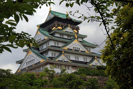 Osaka Castle in Chūō-ku, Osaka, Japan. The castle is one of Japan's most famous landmarks.  The current restoration dates from 1997.