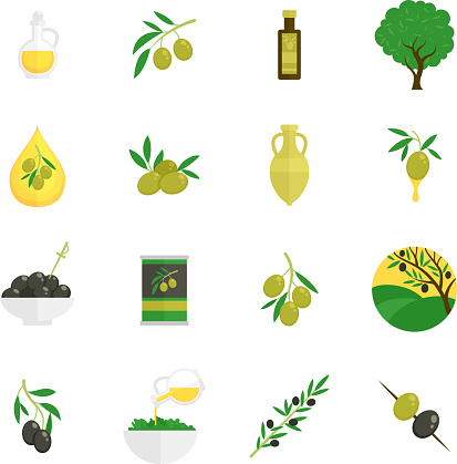 Olives flat icons set with tree oil branch leaf isolated vector illustration
