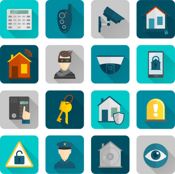 home security icon flat Home security safety and protection burglar alarm system flat icons set isolated vector illustration. burglar stock illustrations