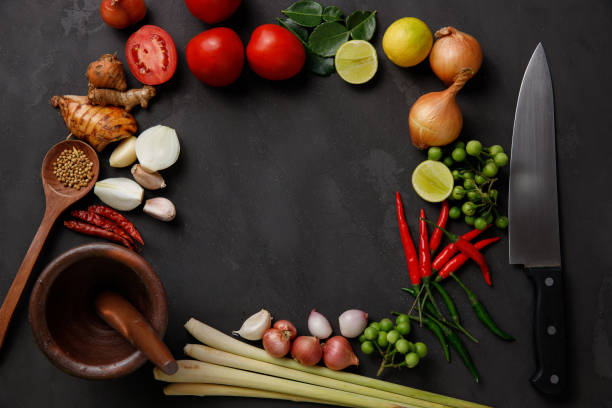 istock Thai kitchen. Various herbs, spices  and Ingredients on dark background. Top view with copy space 1201079142