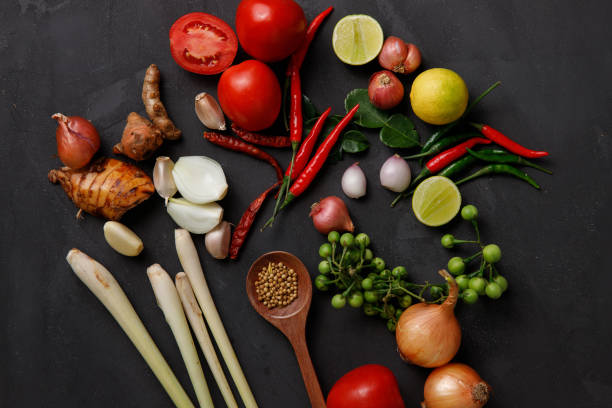 istock Thai kitchen. Various herbs, spices  and Ingredients on dark background. Top view 1201079168