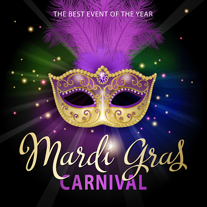 An invitation to the masquerade party for the Mardi Gras with feather carnival mask on the colorful light beam background