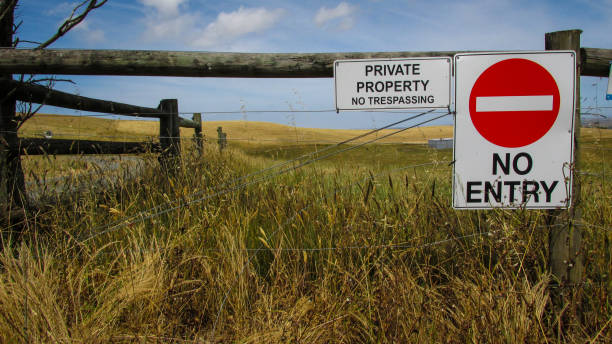 Farmland with signs at the gate