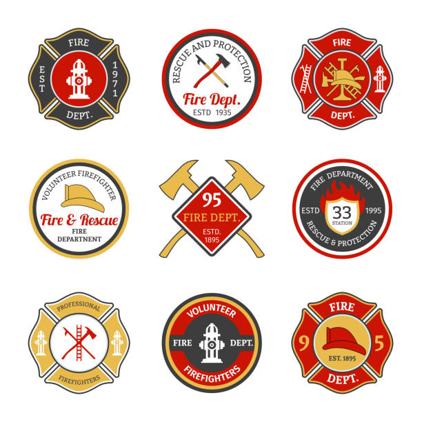 fire department emblems Fire department rescue and protection volunteers and professional firefighter emblems set isolated vector illustration firefighter shield stock illustrations