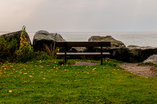 A single, solitary park bench looking out onto the expanse of Lake Ontario where you can watch the birds fly by and listen to the waves role in.