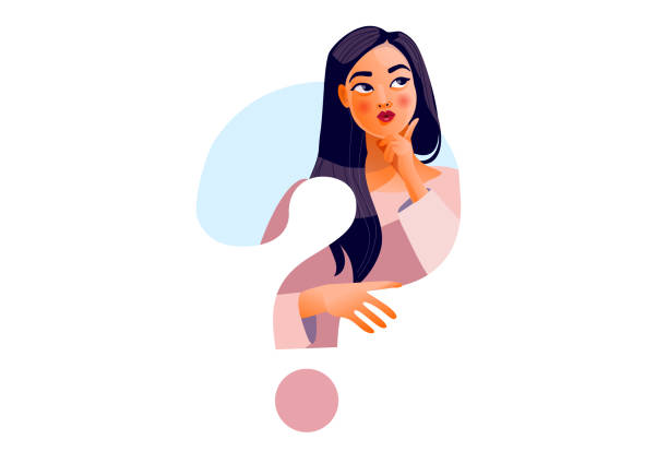 Thinking girl. Beautiful face, doubts, problems, thoughts, emotions. Curious woman Thinking girl. Beautiful face, doubts, problems, thoughts, emotions. Curious woman questioning, question mark. Vector illustration curious stock illustrations