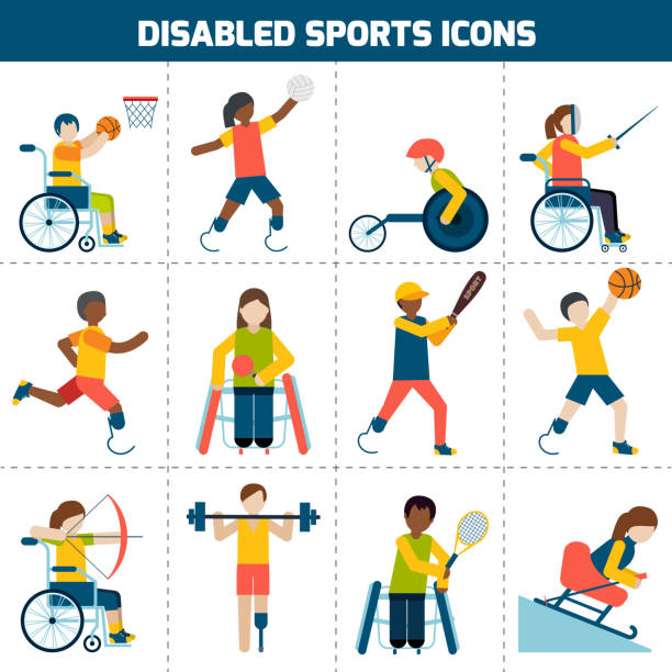 disabled sports icons Disabled sports design concept with handicapped people playing football fencing cycling icons set isolated vector illustration person sitting on fence stock illustrations