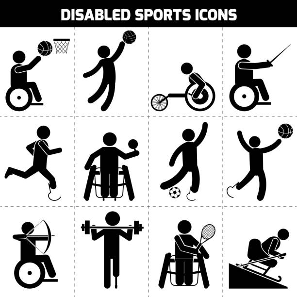 disabled sports icons black Disabled sports black pictogram invalid people icons set isolated vector illustration person sitting on fence stock illustrations