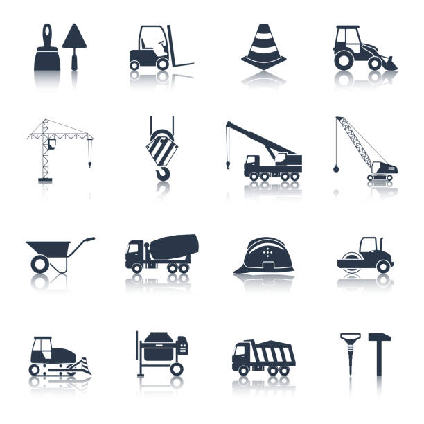 ikony konstrukcyjne czarne - crane mobile crane derrick crane construction vehicle stock illustrations