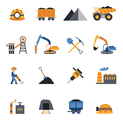 Coal industry metallurgy mine equipment and machinery icons set isolated vector illustration