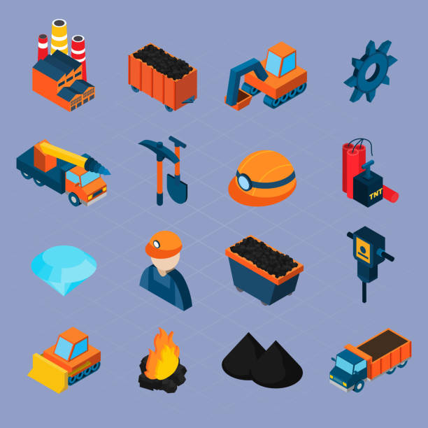 ilustrações de stock, clip art, desenhos animados e ícones de coal industry isometric icons - coal crane transportation cargo container