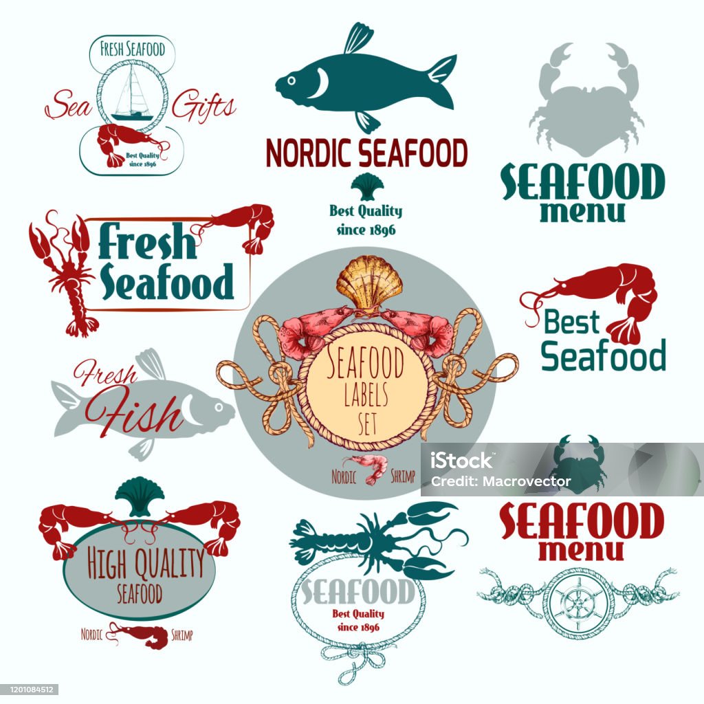 Shellfish Food Label Examples Seafood Labels Set Stock Illustration - Download Image Now - Animal ...