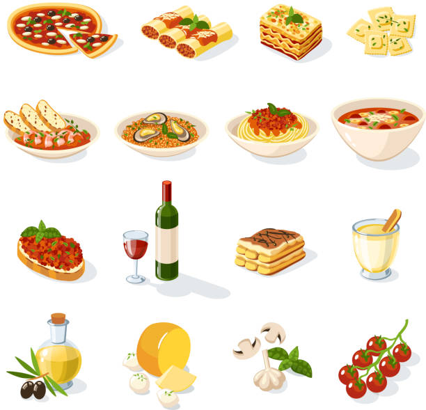 italian food set Italian food set with pizza pasta cheese tomato isolated vector illustration italian food stock illustrations