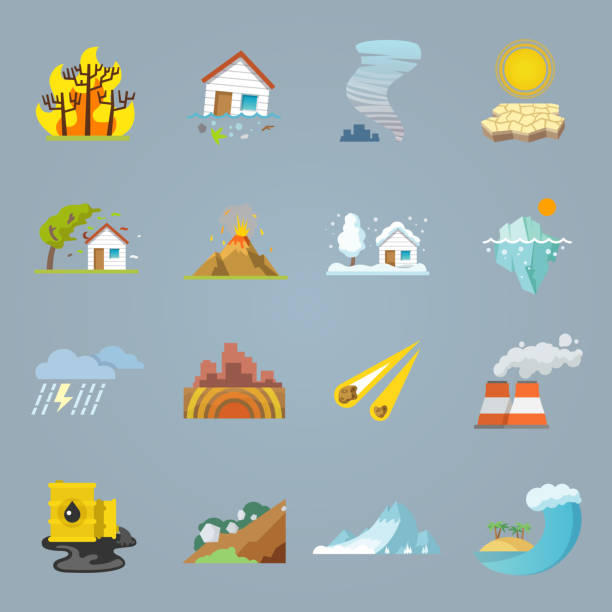 ikony klęsk żywiołowych płaskie - klęska żywiołowa obrazy stock illustrations