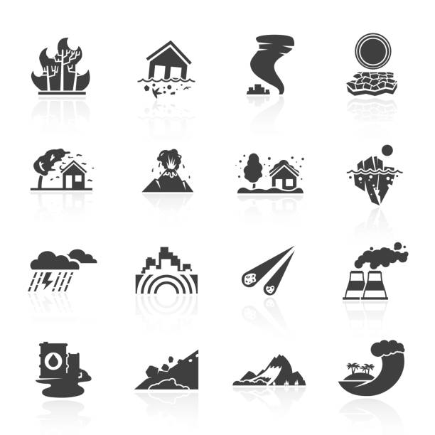 illustrazioni stock, clip art, cartoni animati e icone di tendenza di icone di calamità naturali - natural disaster weather symbol volcano