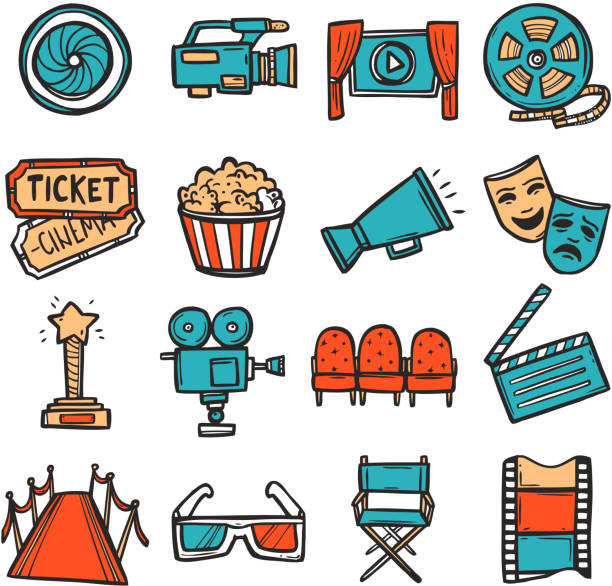 ilustraciones, imágenes clip art, dibujos animados e iconos de stock de icono de cine conjunto de color - sketch decor drawing architectural feature