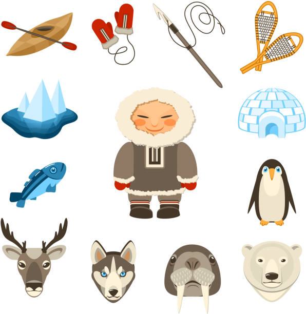 chukchi set Chukchi and north animals decorative icons set with husky deer bear dog isolated vector illustration chukchi stock illustrations