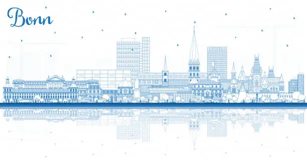 Vector illustration of Outline Bonn Germany City Skyline with Blue Buildings and Reflections.