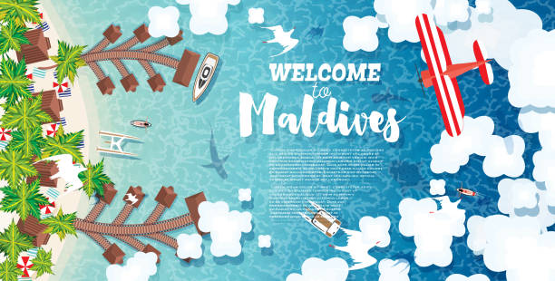 illustrazioni stock, clip art, cartoni animati e icone di tendenza di spiaggia delle maldive sull'isola. sfondo estivo con tropical beach, palms, hotel, nuvole e aereo. - luxury hotel palm tree lush foliage asia