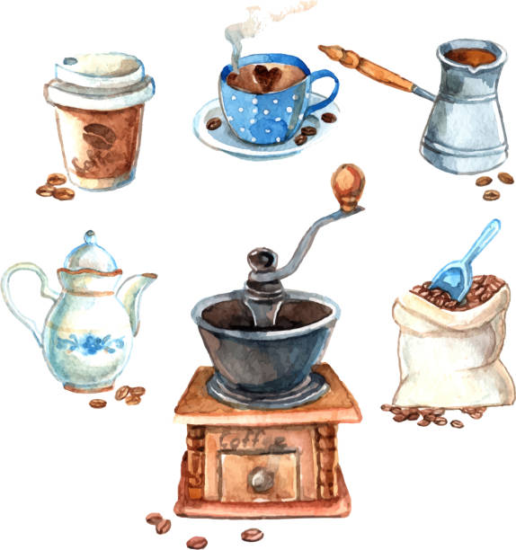 zestaw do kawy akwarelowej - coffee bag sack backgrounds stock illustrations