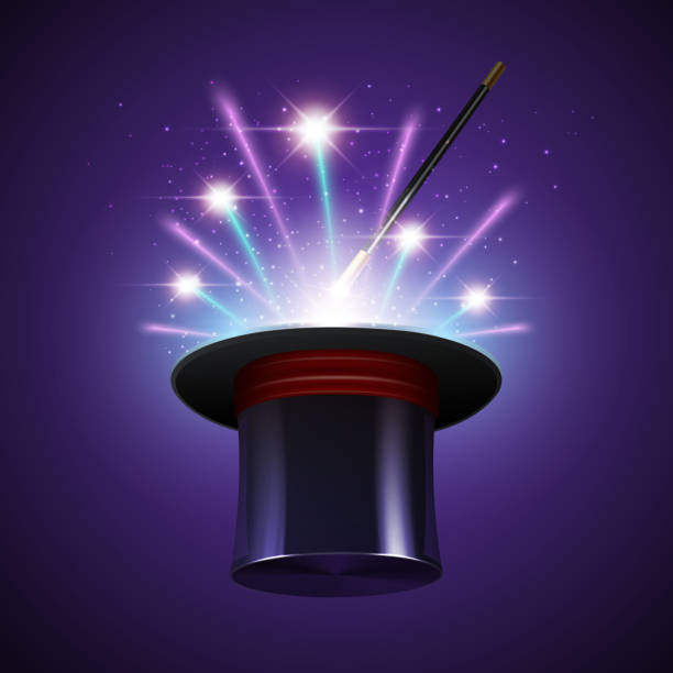 magic background Magic show background with realistic magician hat stick and fireworks vector illustration teatro stock illustrations