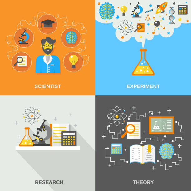 science and research flat Science and research design concept set with scientist theory and experiment flat icons isolated vector illustration science research stock illustrations