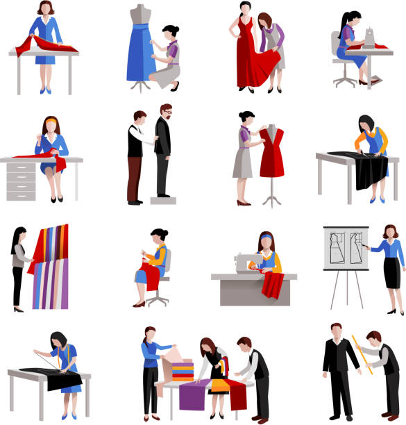 ilustrações de stock, clip art, desenhos animados e ícones de dressmaker icons - sewing dressmakers model tape measure mannequin