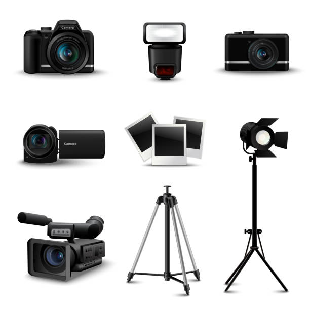 realistic camera icons Realistic camera icons and photo equipment set isolated vector illustration spotlight photos stock illustrations