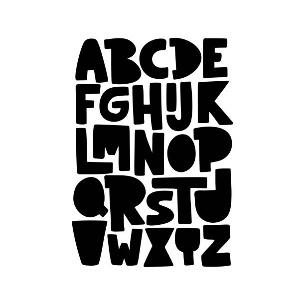 cartoon englisches alphabet. abc. lustige handgezeichnete grafikschrift. - comic kunstwerk stock-grafiken, -clipart, -cartoons und -symbole