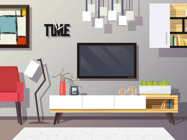 living room Living room interior concept with modern furniture set flat vector illustration wall of tvs stock illustrations