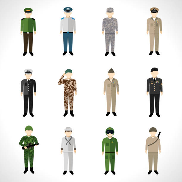 illustrazioni stock, clip art, cartoni animati e icone di tendenza di icone militari - uniforme militare