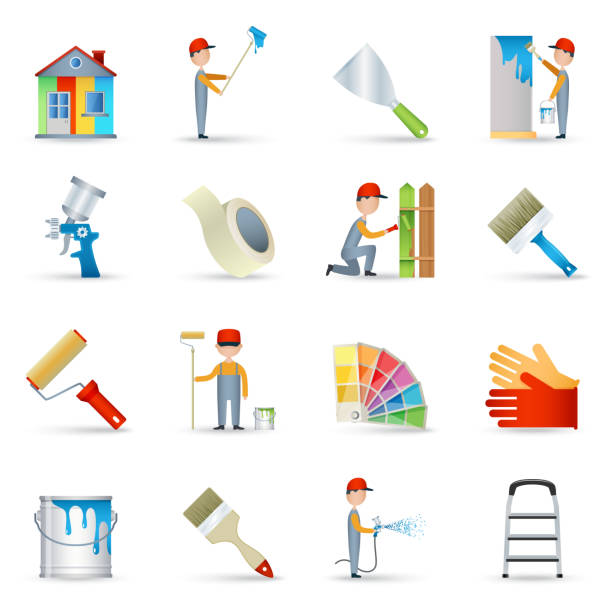 painter icons House renovation wall painting with long handle roller and masking tape icons collection abstract isolated vector illustration cartoon of a pole fence designs stock illustrations